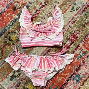 Pink Striped Ruffle Bikini Set